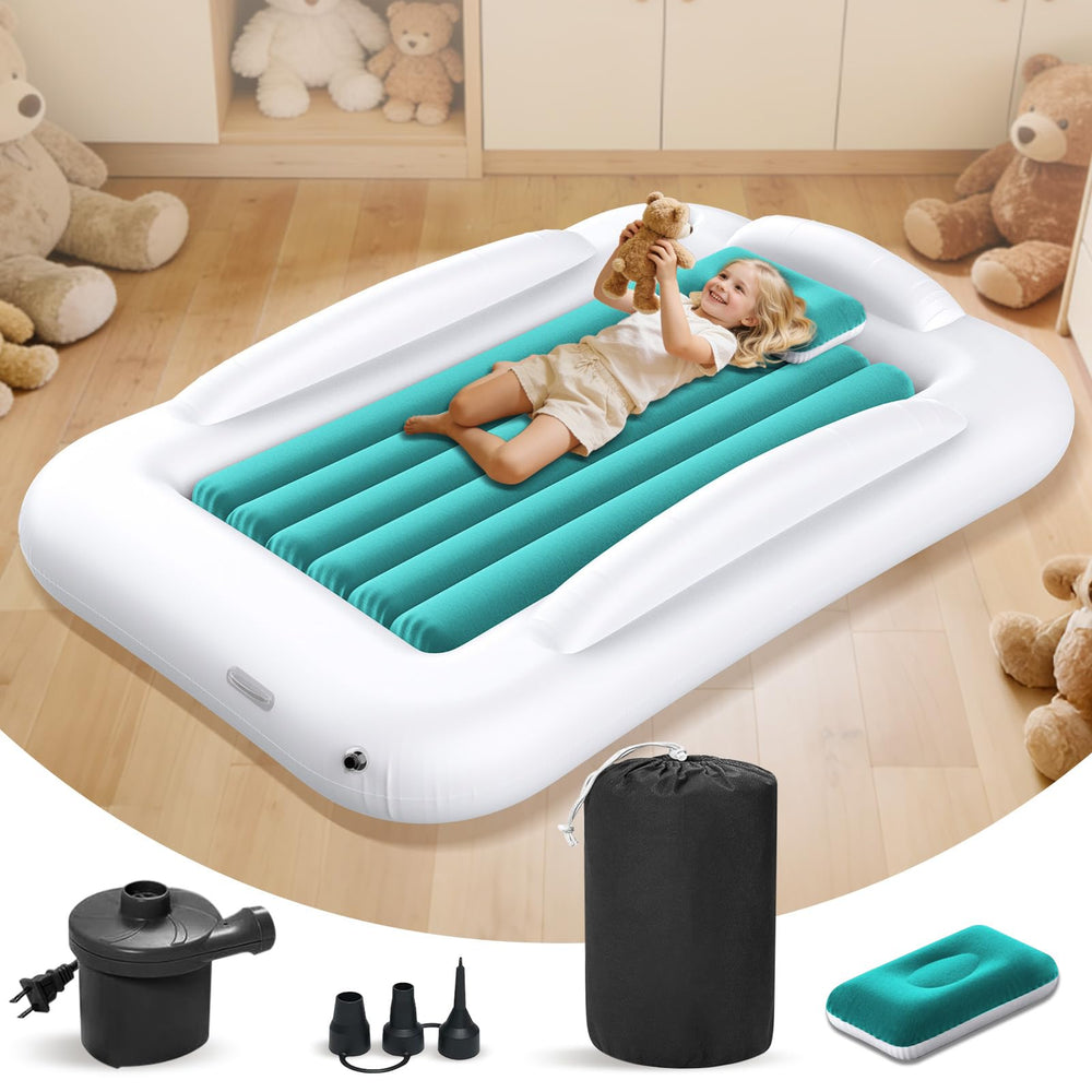Abdtech inflatable toddler bed setup shows quick inflation for travel convenience.