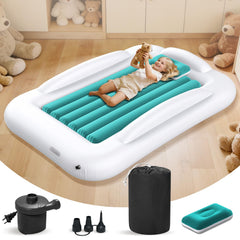 Abdtech inflatable toddler bed setup shows quick inflation for travel convenience.