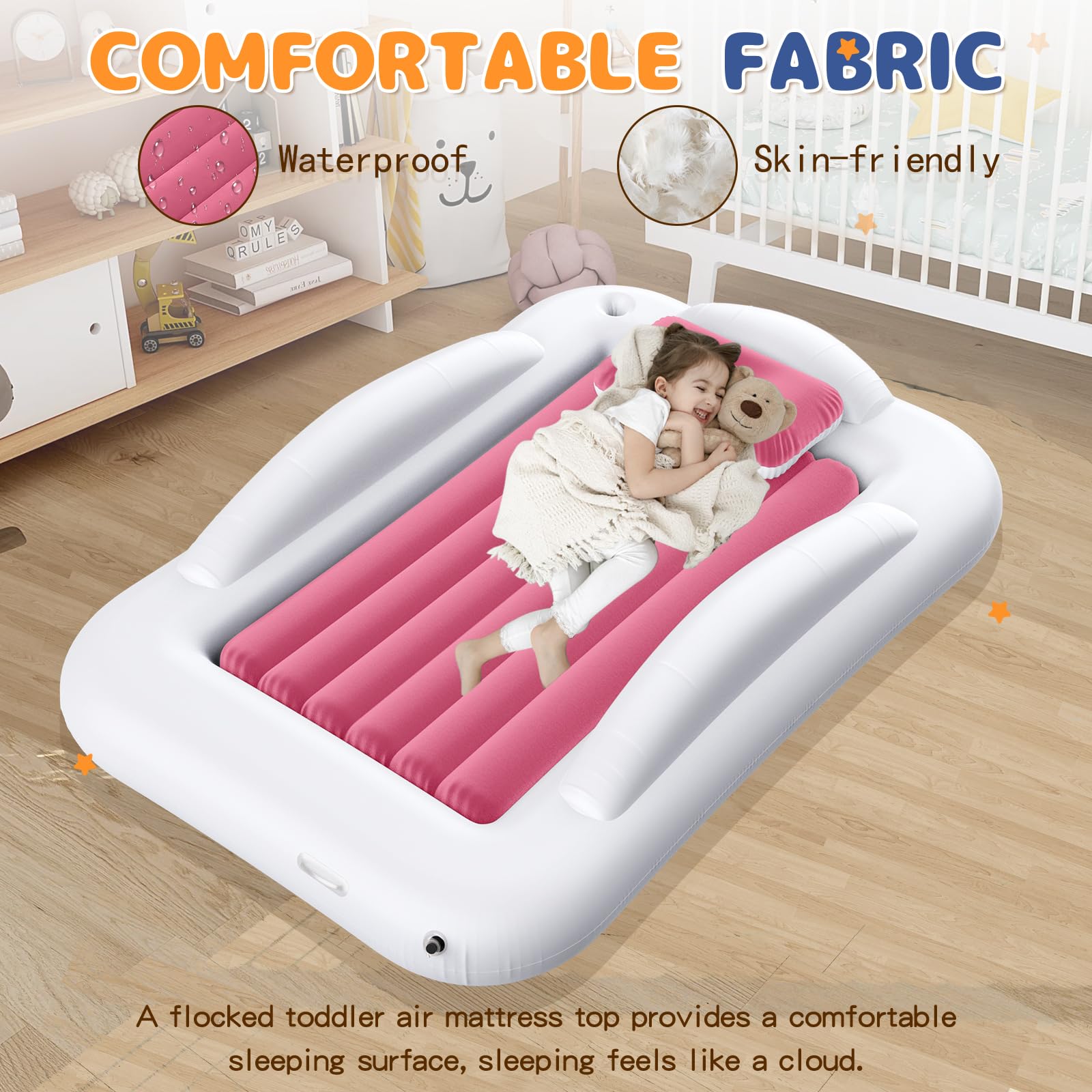 Abdtech inflatable toddler travel bed featuring cupholders for convenient beverages during trips