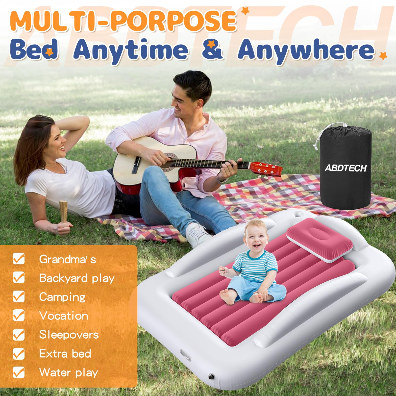 Abdtech inflatable toddler travel bed packed into carry bag for easy travel and storage