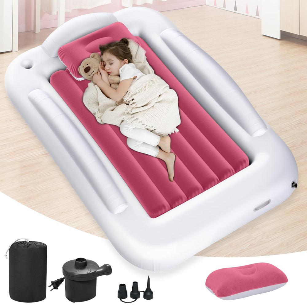 Abdtech inflatable toddler travel bed side view highlighting compact travel size for quick trips