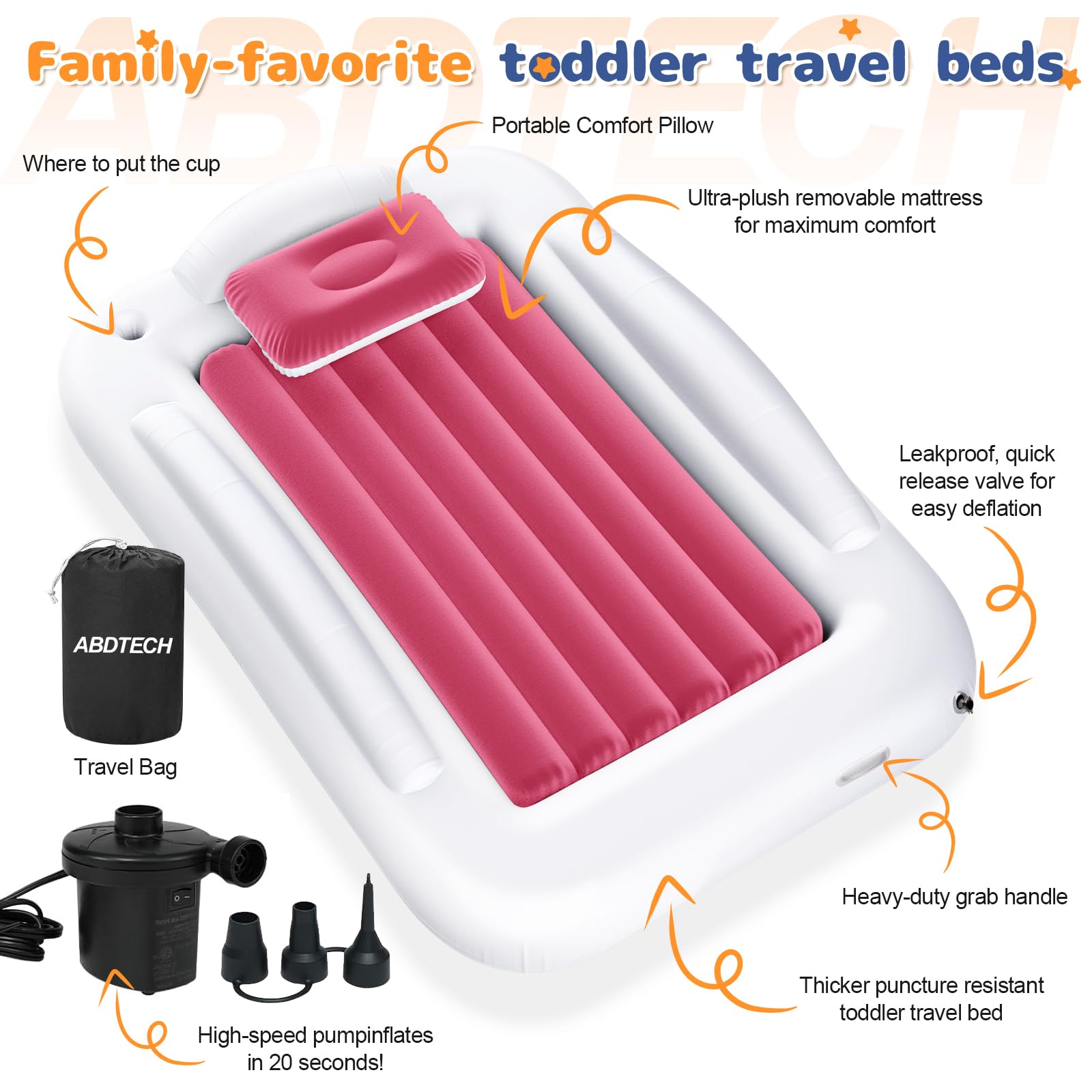 Abdtech inflatable toddler travel bed in a tent setup ideal for camping stays