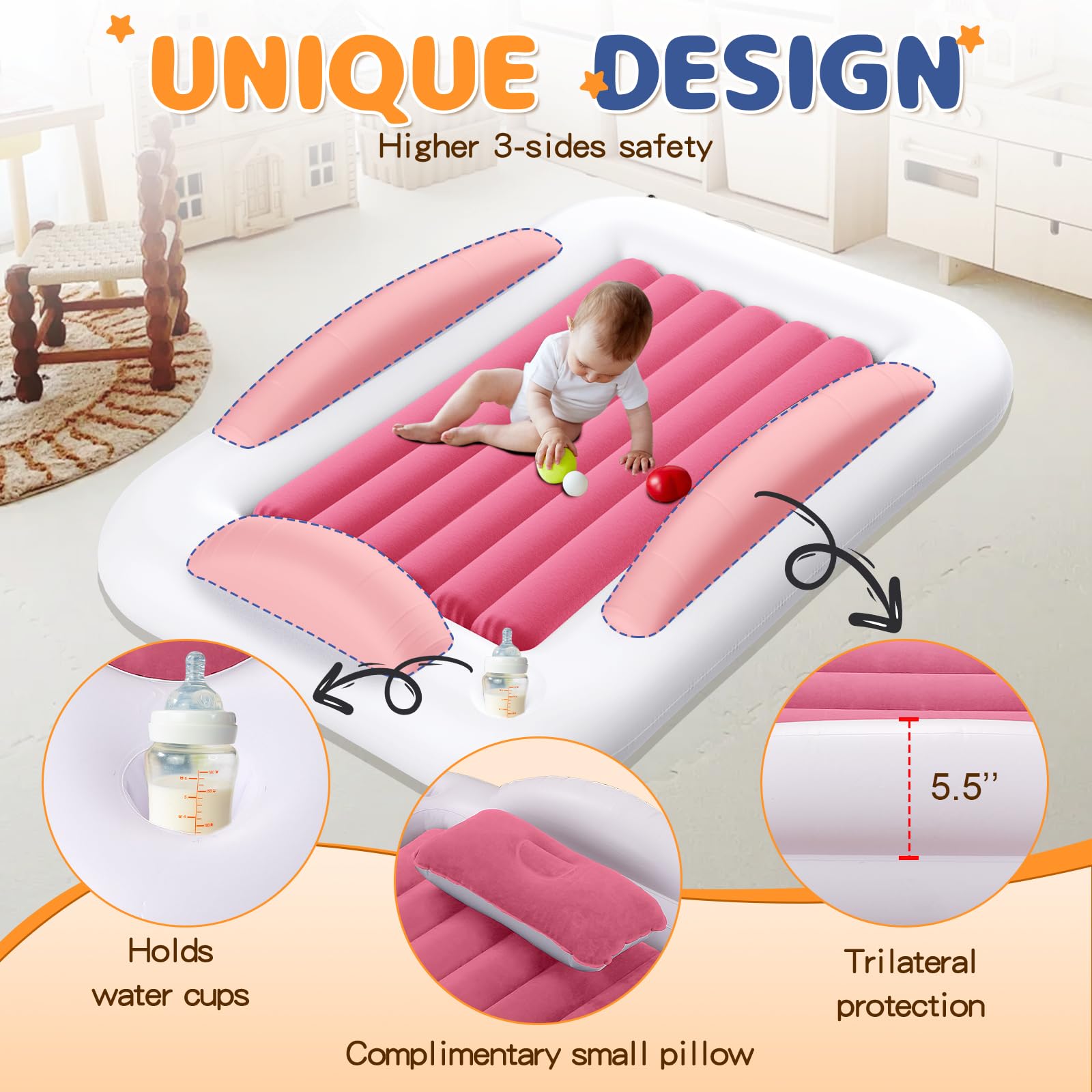 Abdtech inflatable toddler travel bed waterproof fabric close-up for easy cleaning after adventures