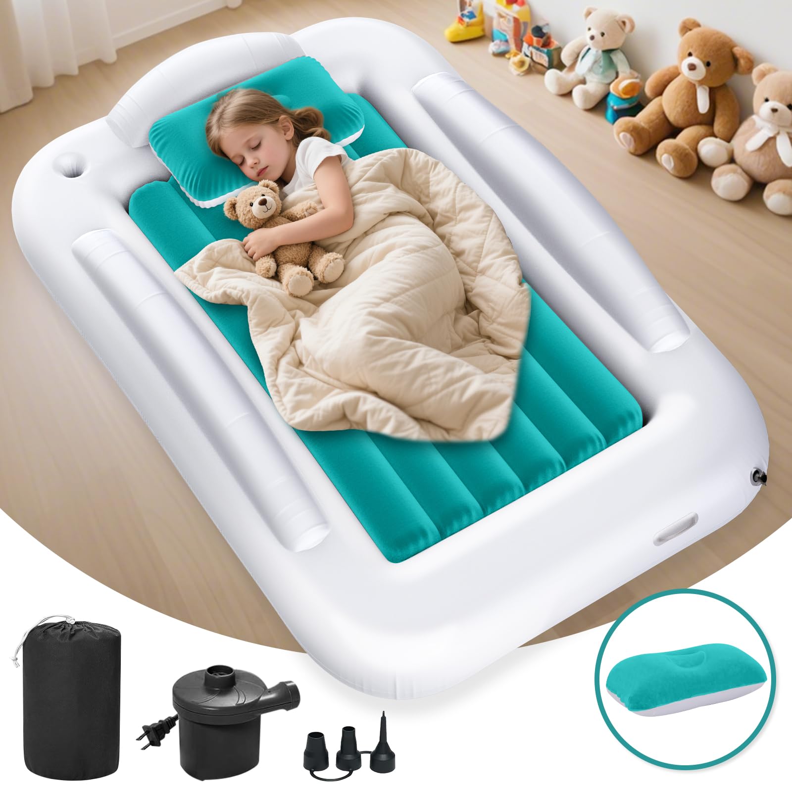 Abdtech inflatable toddler bed suited for travel sleepovers and camping.
