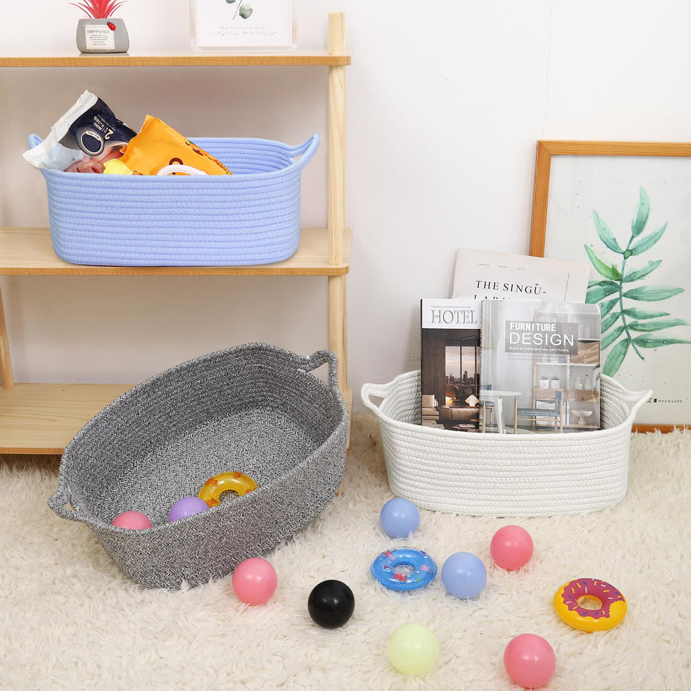 ABenkle basket on a shelf in a living room adds decorative storage