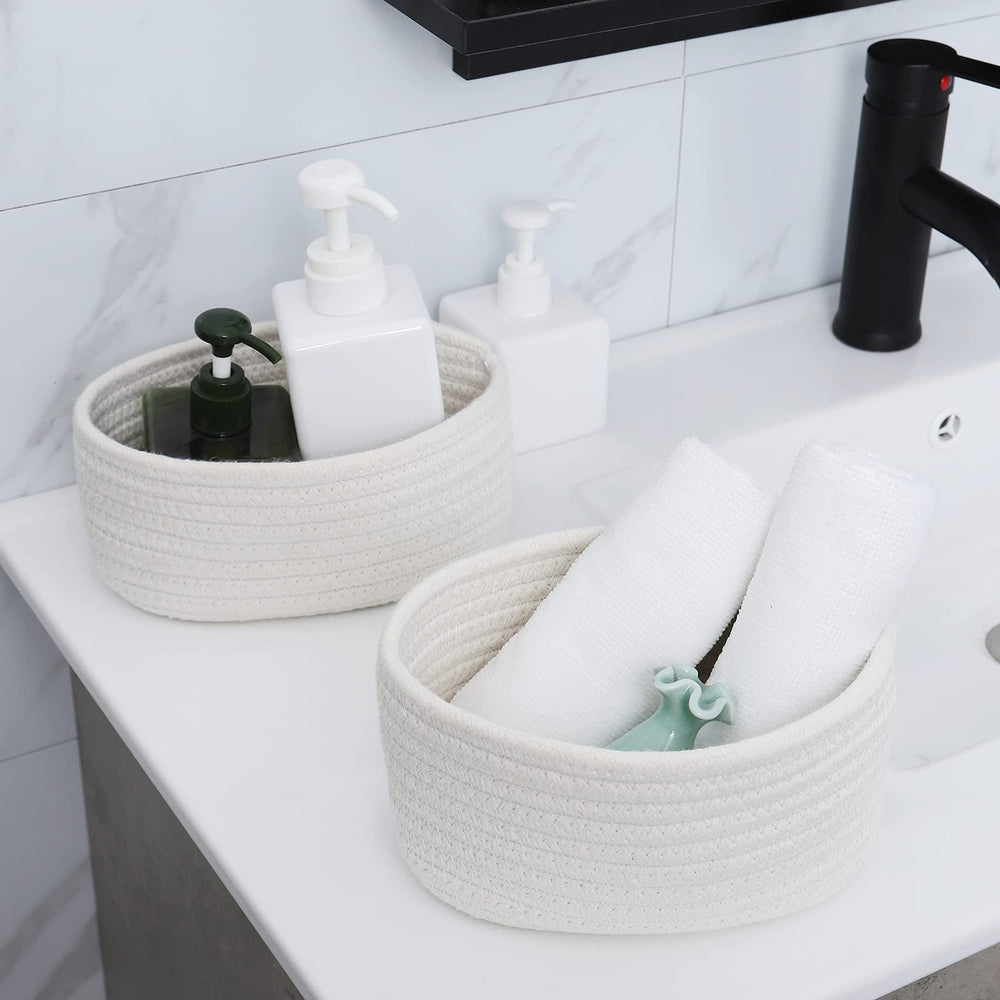 ABenkle bathroom organization bin in natural rope for toiletries and essentials