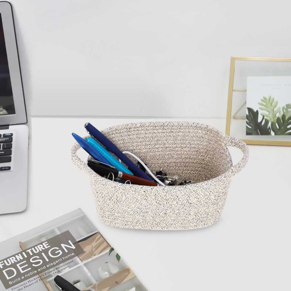 ABenkle boho-decor-basket on shelf; adds style and function
