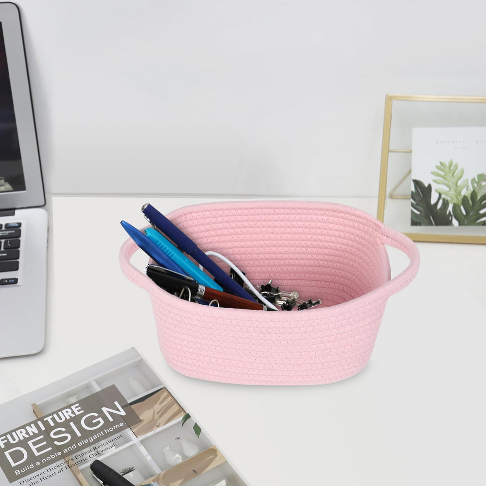 ABenkle boho decorative basket sits in entryway for quick storage.