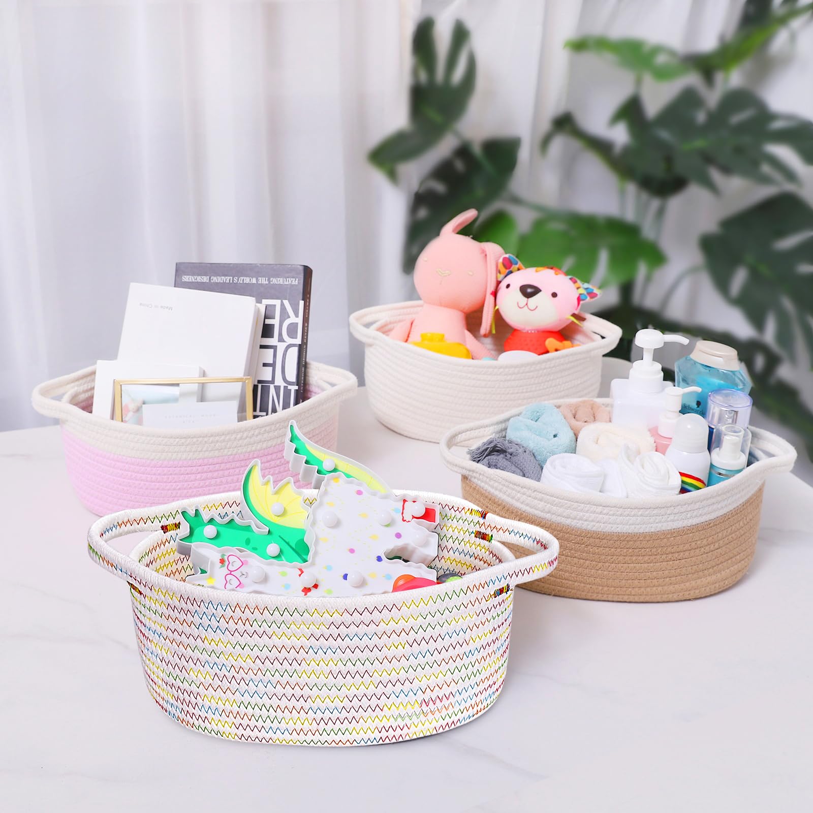 ABenkle colorful-thread basket enhances nursery decor and storage.