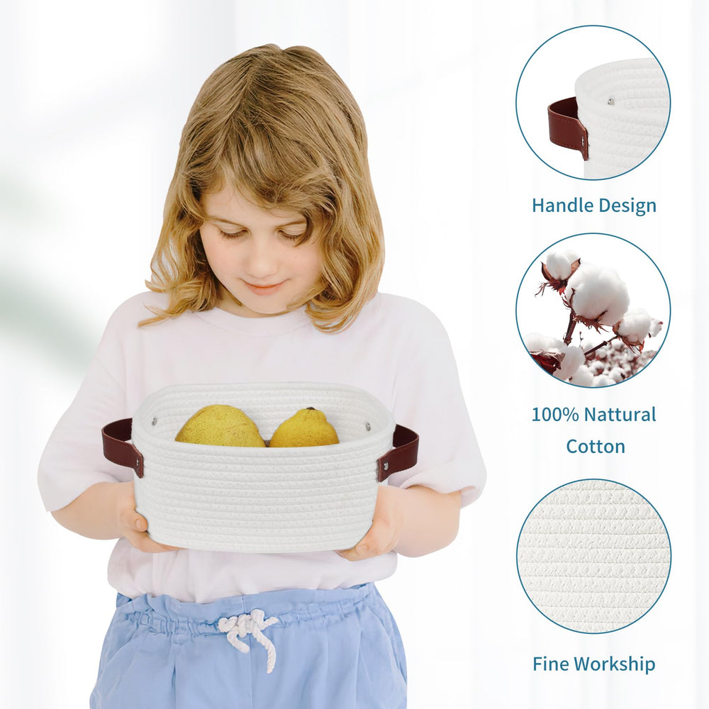 ABenkle decorative white basket with handles adds style while storing small items.