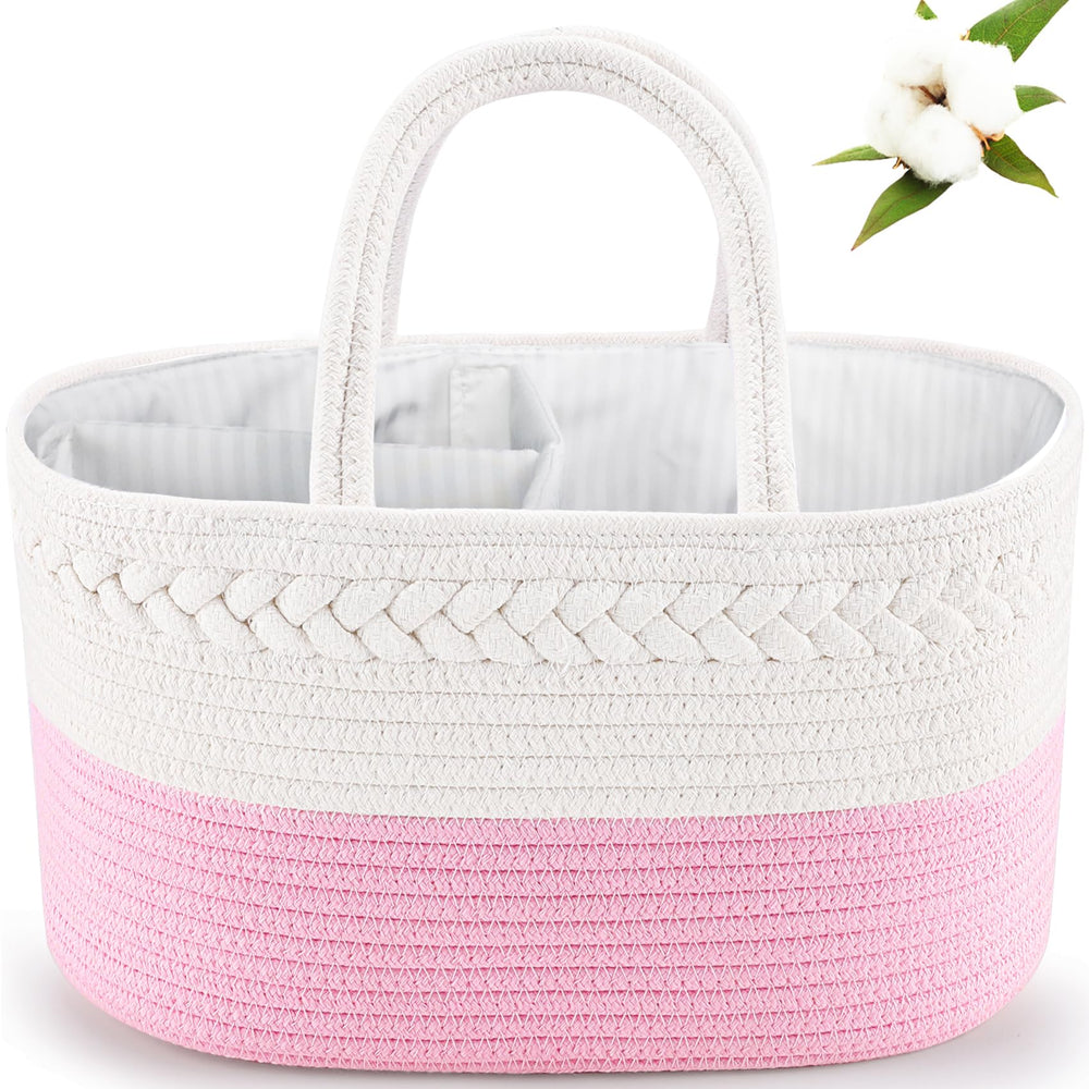 ABenkle diaper caddy front view with roomy compartments for diapers and wipes