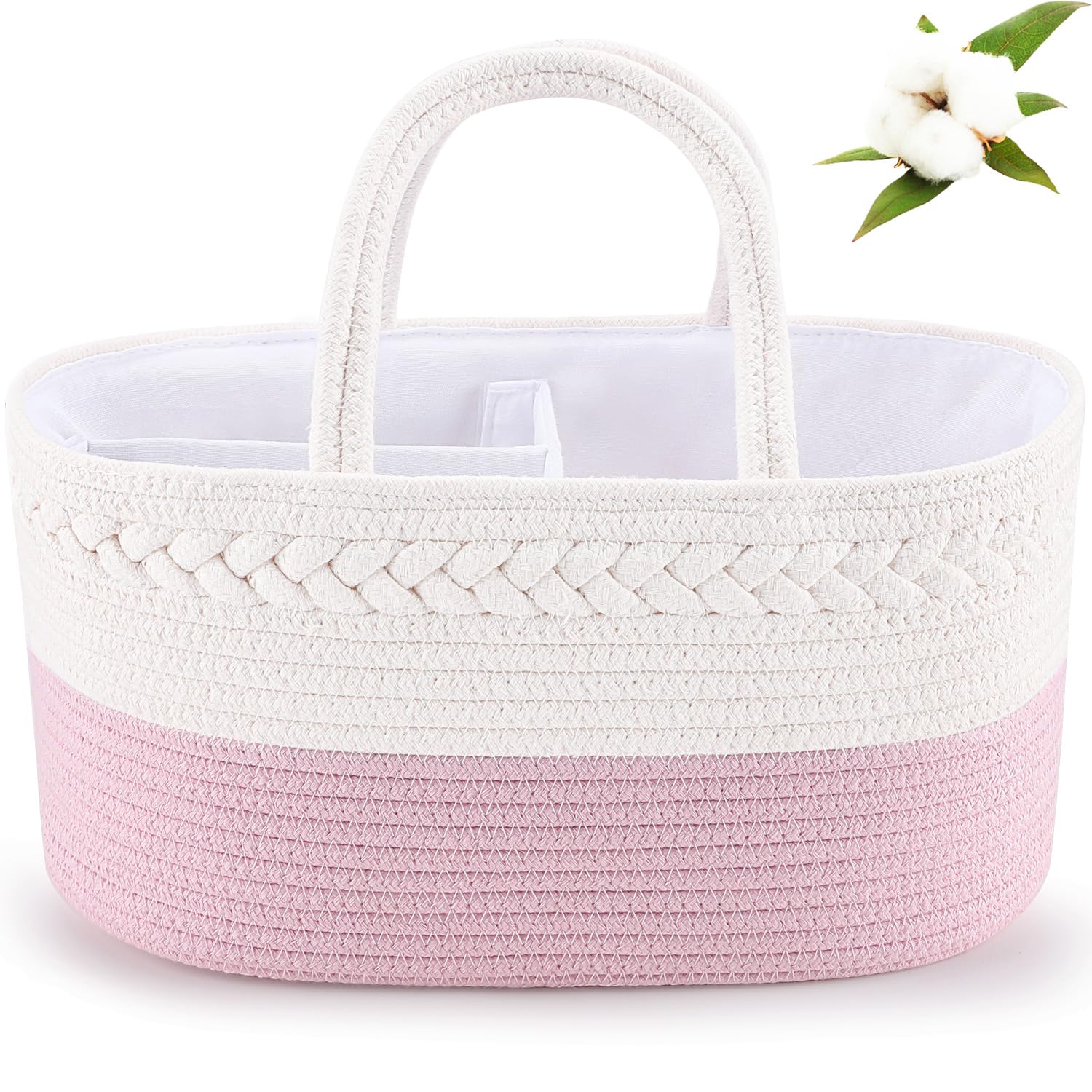 ABenkle diaper caddy pink cotton rope keeps baby essentials organized.