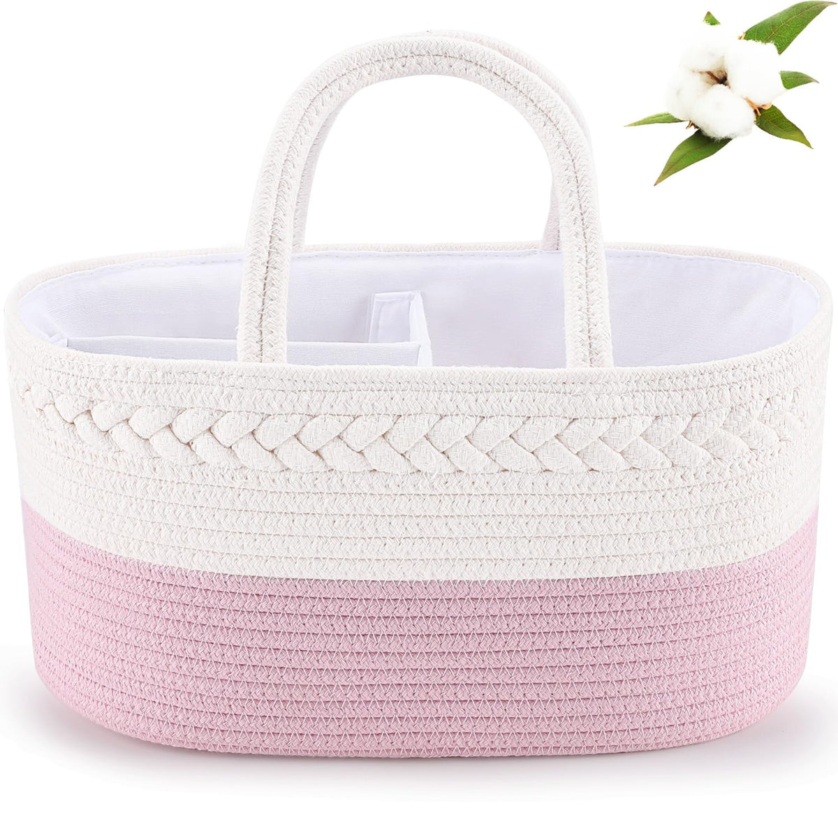 ABenkle diaper caddy pink cotton rope keeps baby essentials organized.