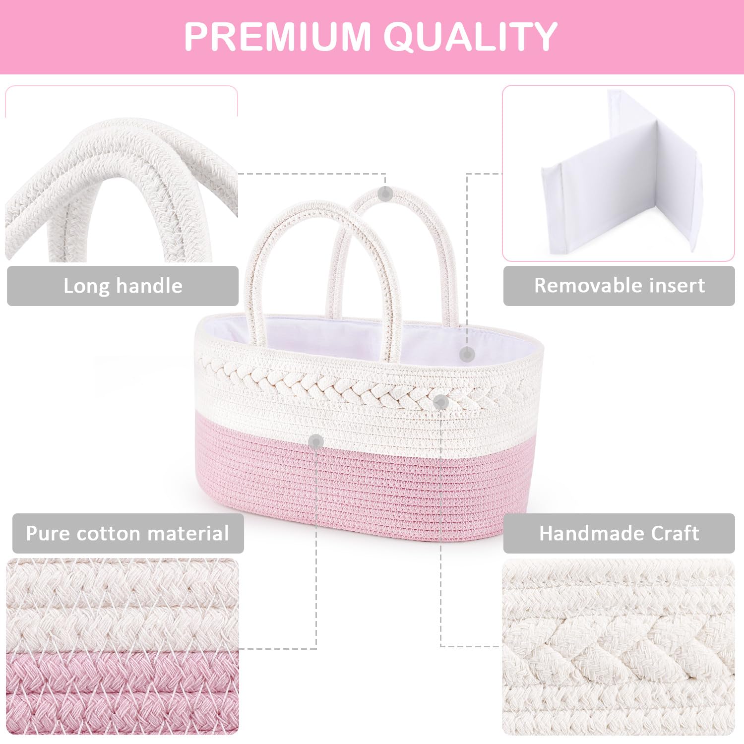 ABenkle diaper caddy pink sturdy handles for easy transport.