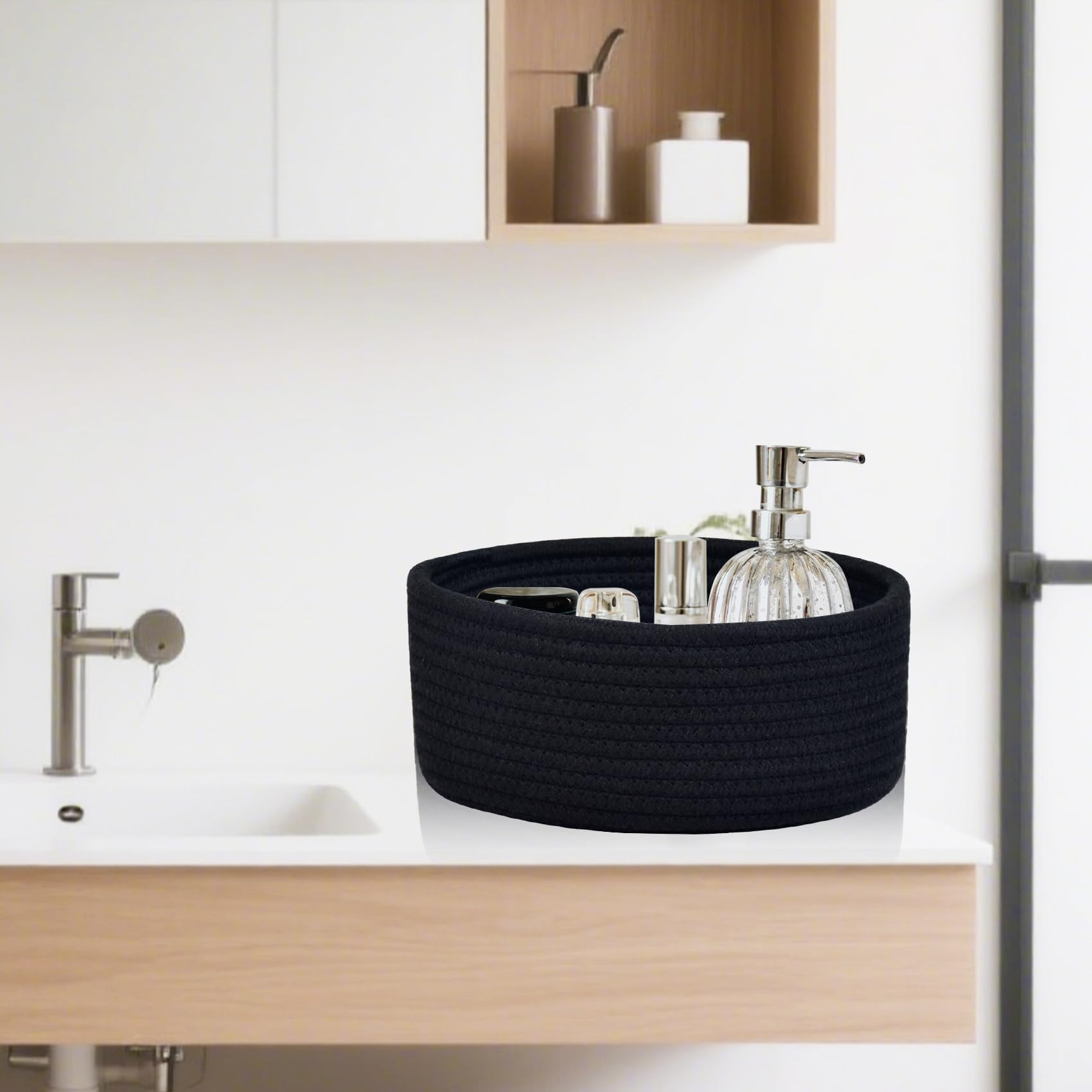 ABenkle round basket doubles as gift-ready accent for shelves.