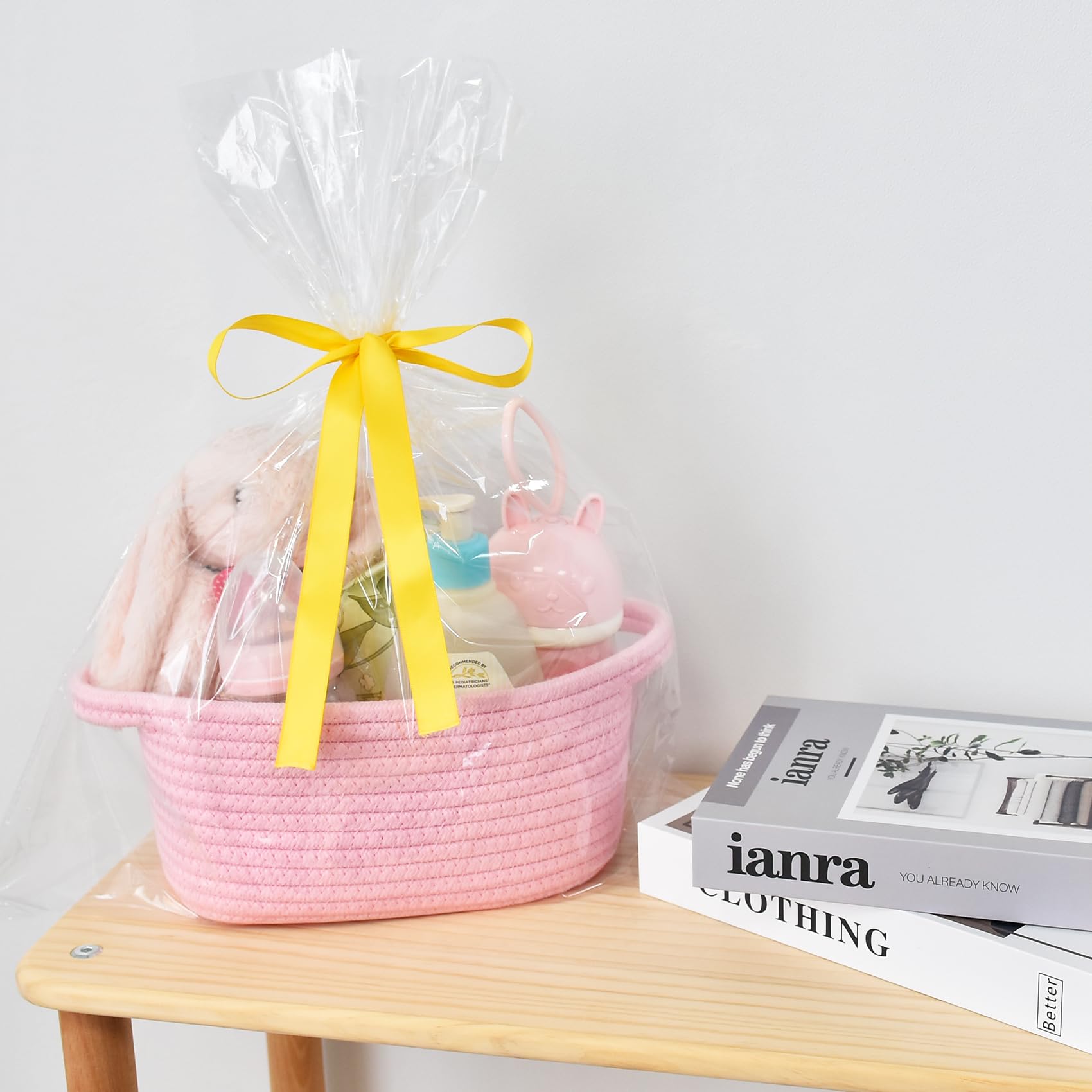 ABenkle nursery pink basket fits on tables as decorative storage