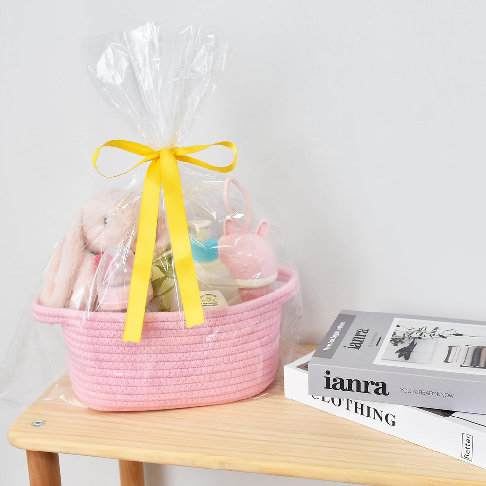 ABenkle nursery pink basket fits on tables as decorative storage