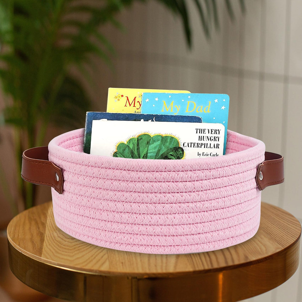 ABenkle pink cotton rope basket for shelves, great for cosmetics and keys