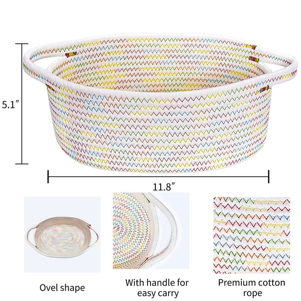 ABenkle rope storage basket on shelf adds colorful decor.
