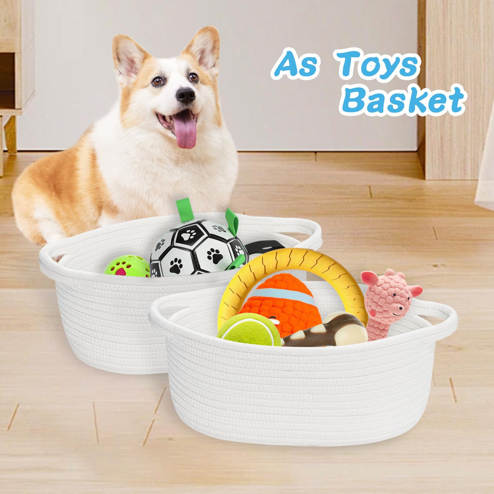 ABenkle dog toy basket stores small pets' toys neatly.