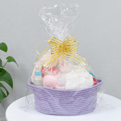 ABenkle small-basket in baby room demonstrates safe, skin-friendly option for nursery organization.