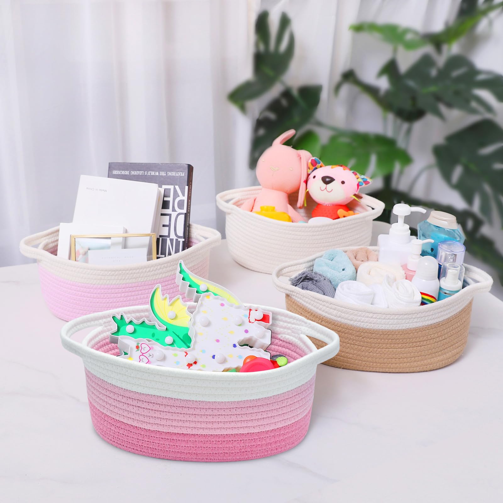 ABenkle small basket on shelf keeps items organized in a compact space.