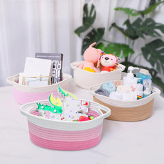 ABenkle small basket on shelf keeps items organized in a compact space.