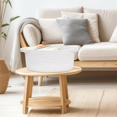 ABenkle basket on shelf demonstrates easy organization with modern Boho look