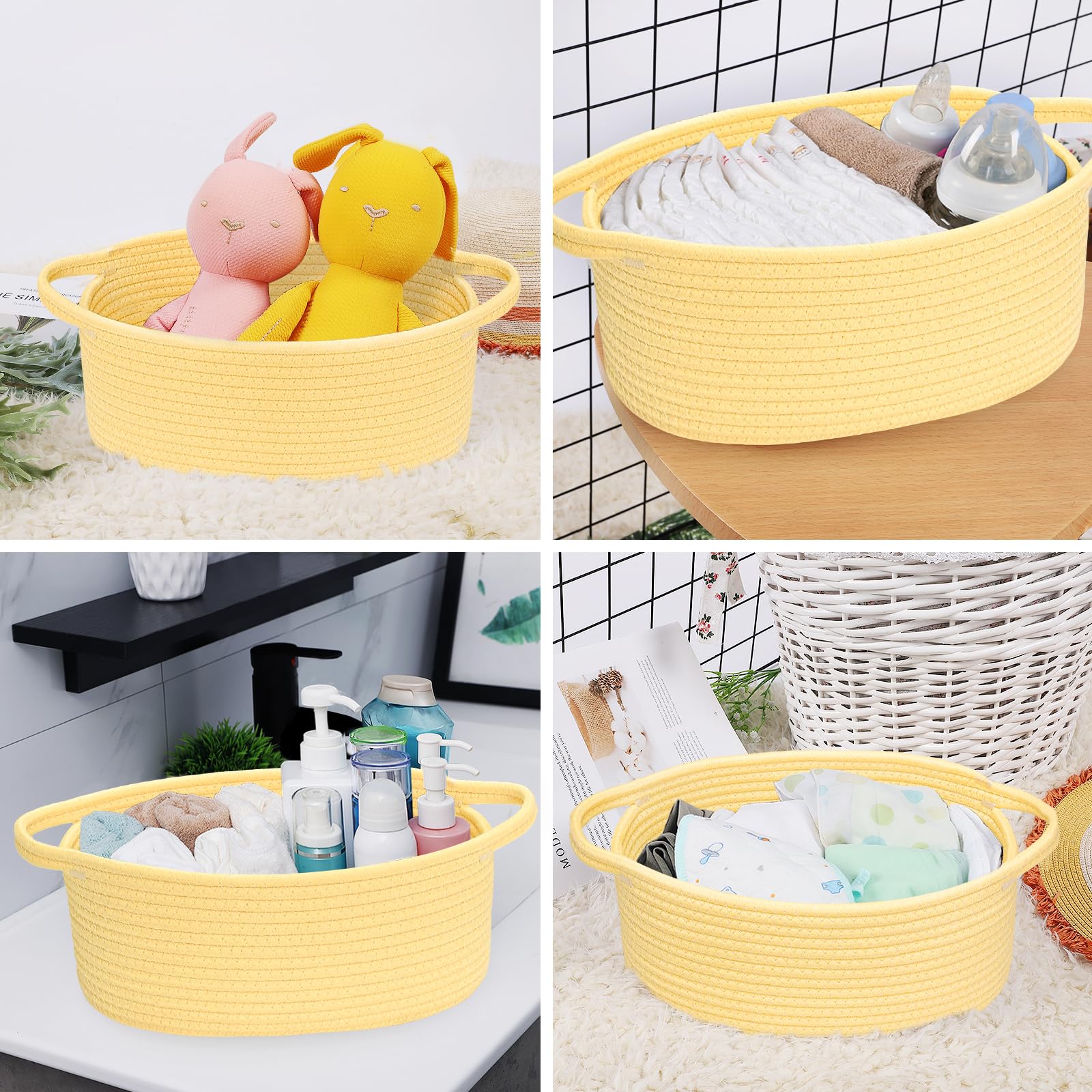 ABenkle small basket stores remotes, towels, and baby items.