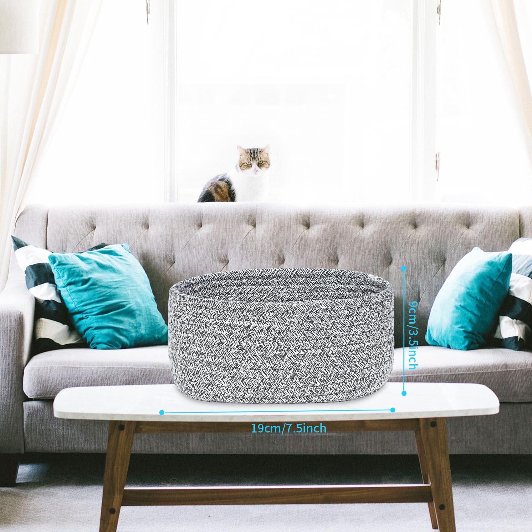 ABenkle small oval rope basket interior view organized for keys and remotes.