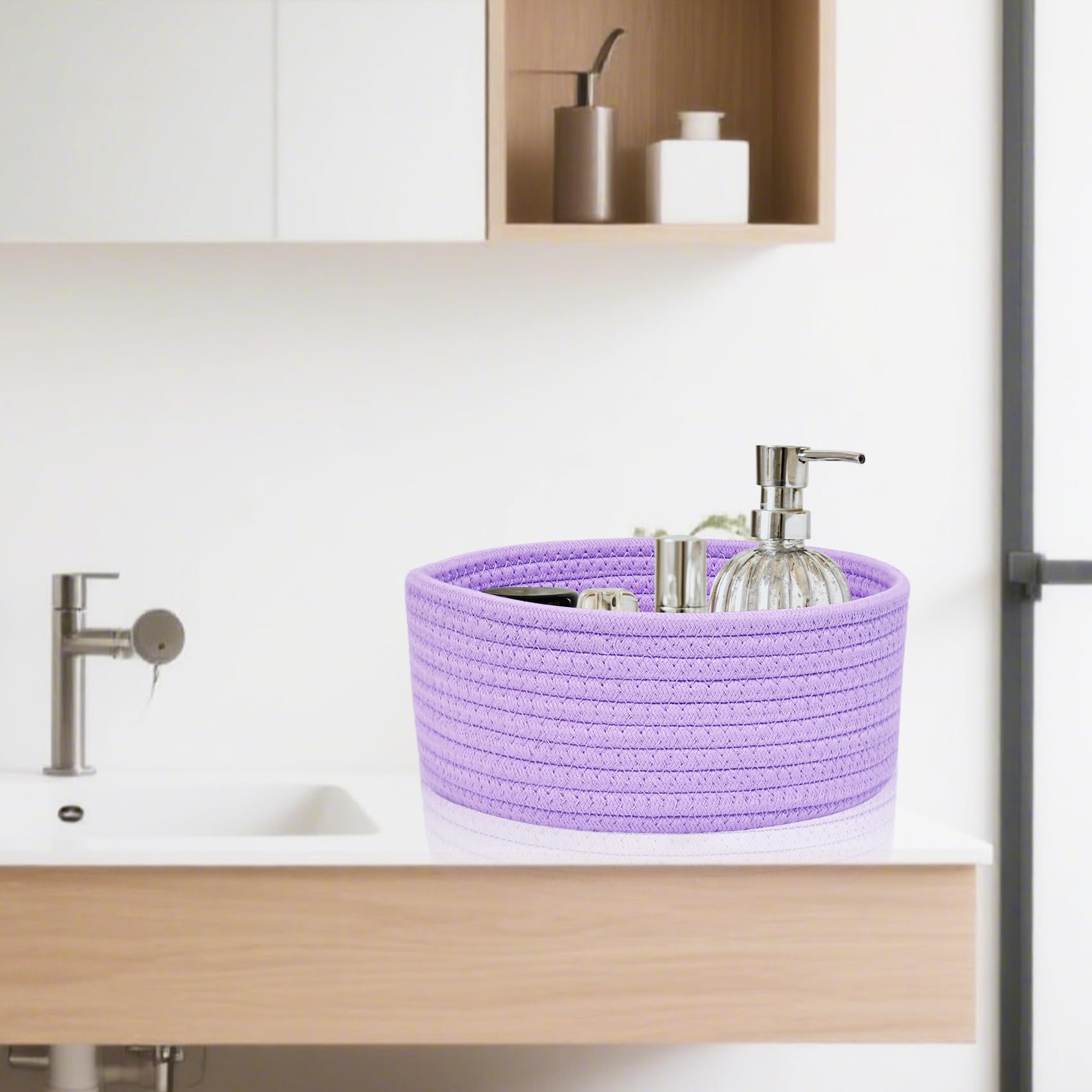 ABenkle desk storage basket keeps keys, pens, and small items within reach
