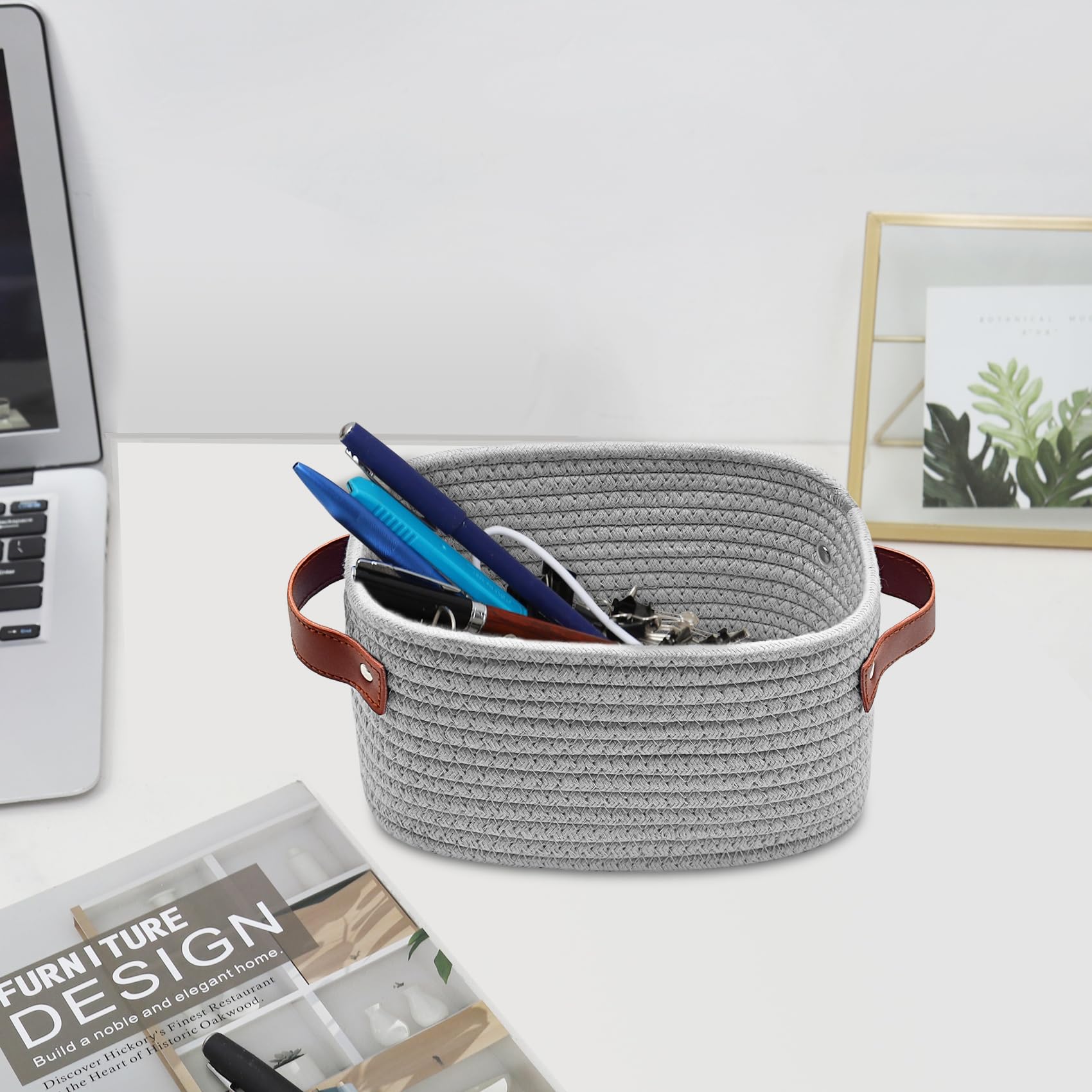 ABenkle small storage basket grey desk organization — open view ideal for pencils and essentials.