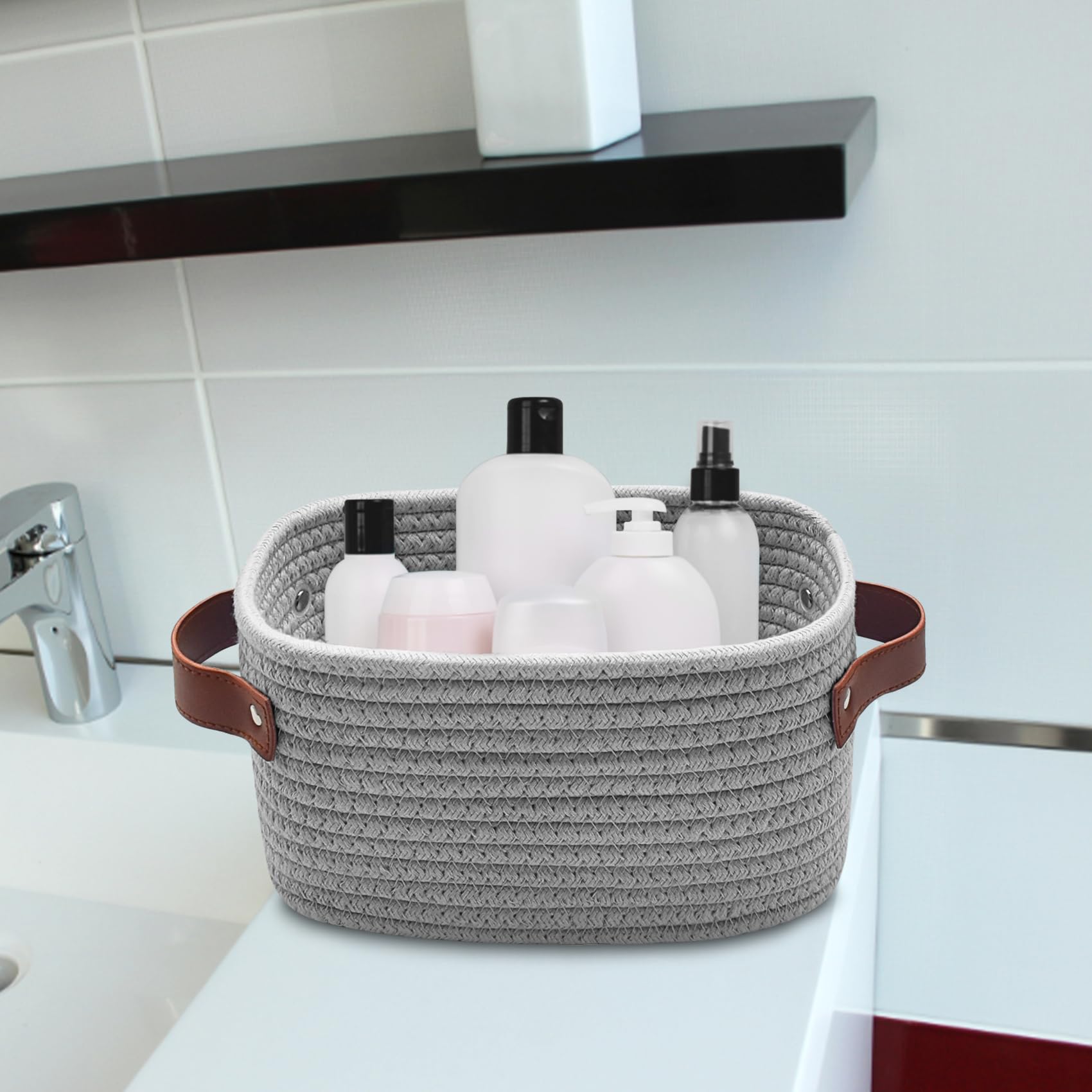 ABenkle small storage basket grey on shelf — boho decor and organized shelves.