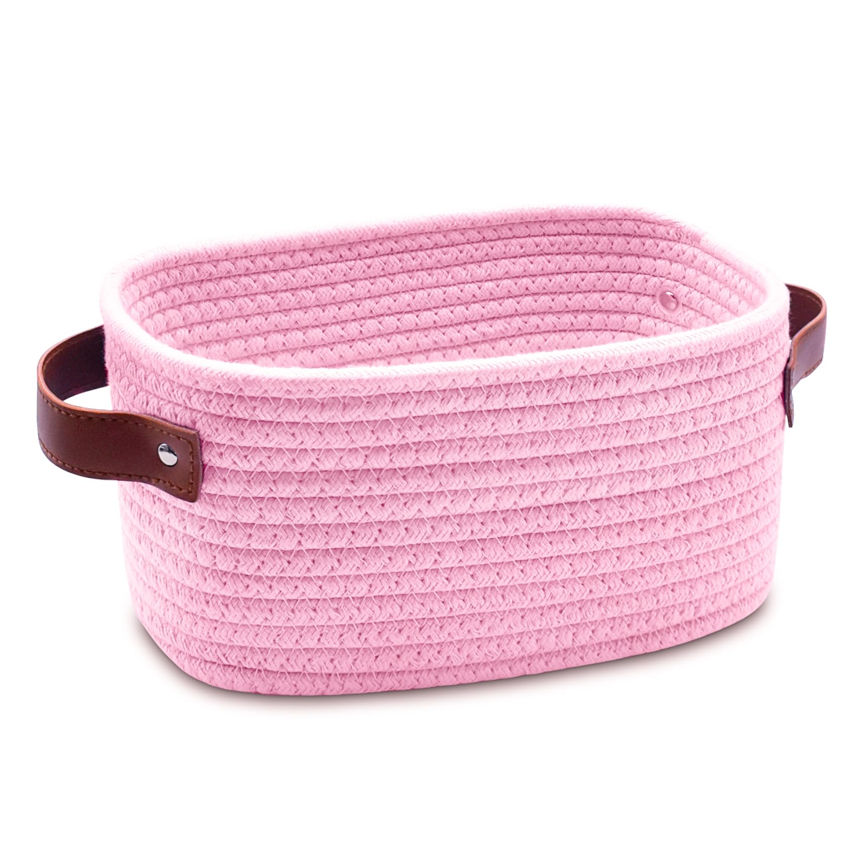 ABenkle small storage basket pink front view for desk organization.