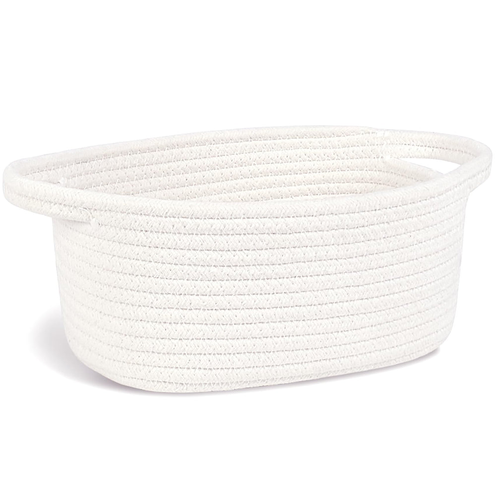 ABenkle small storage basket white front view aids quick organizing on shelves