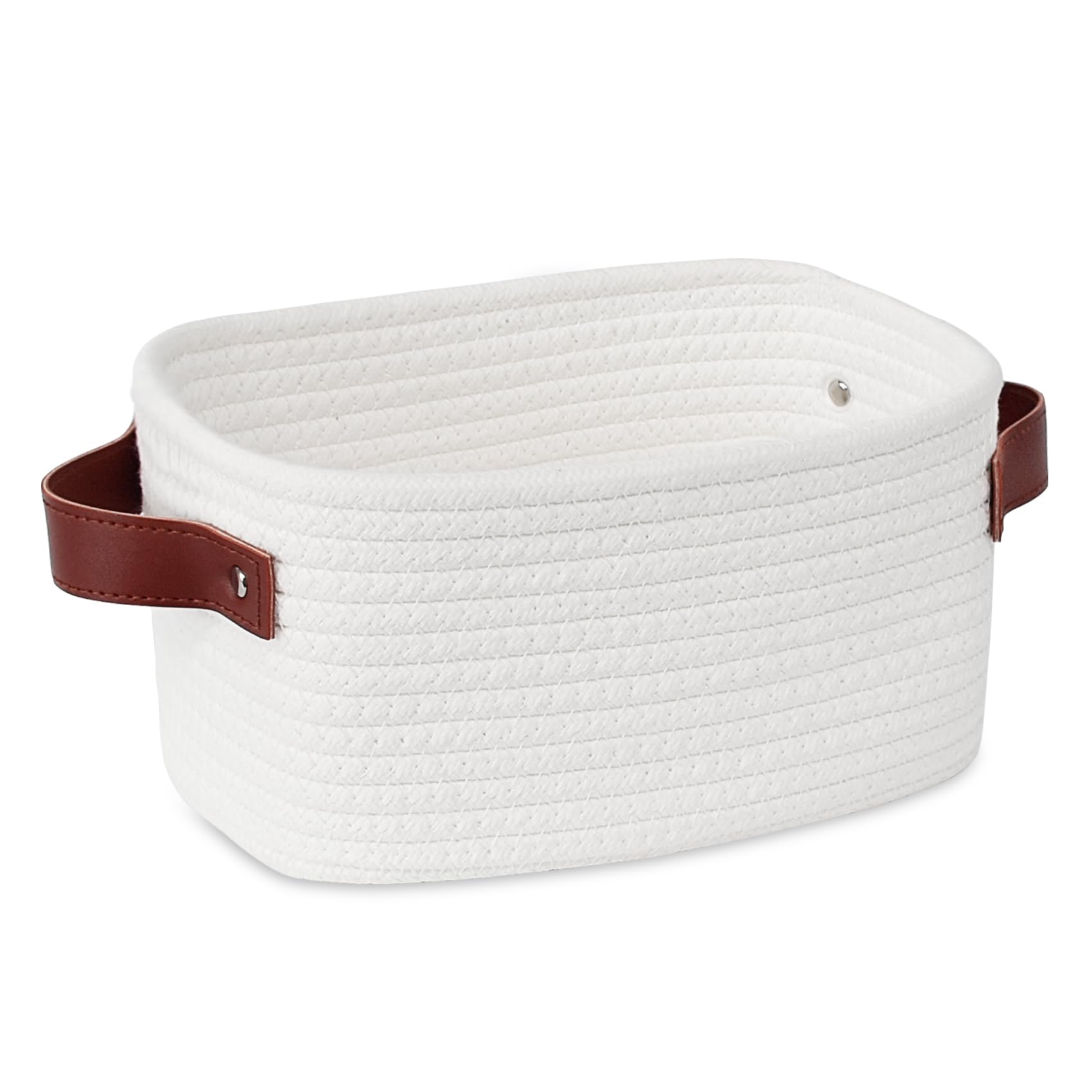 ABenkle small storage basket with white handle keeps compact items neatly organized.