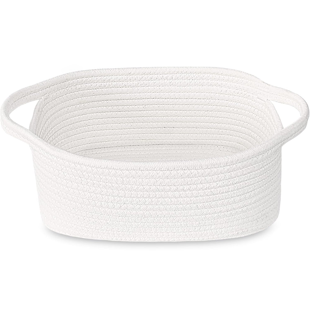 ABenkle small white basket on shelf keeps shelves tidy.