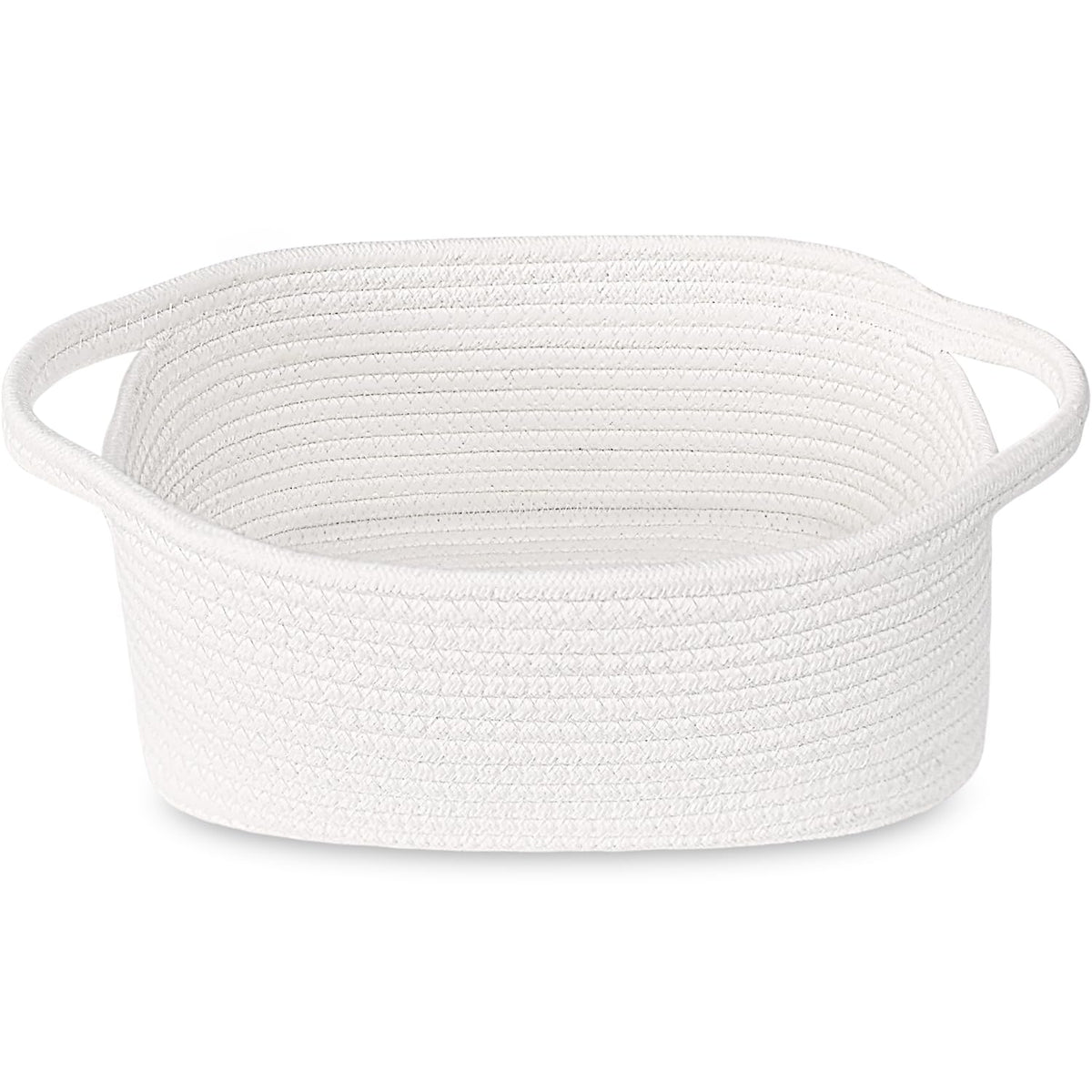 ABenkle small white basket on shelf keeps shelves tidy.