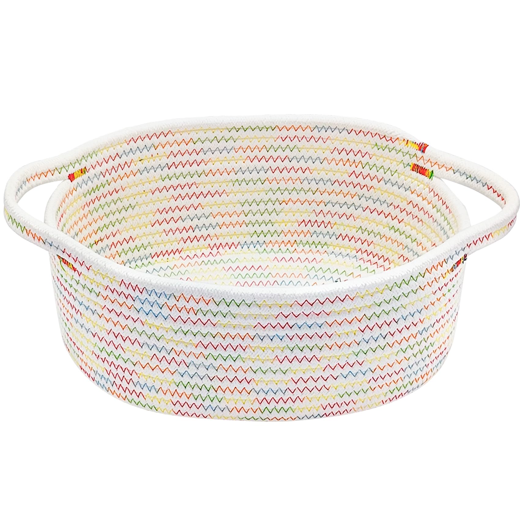 ABenkle small woven basket on shelf keeps toys organized.