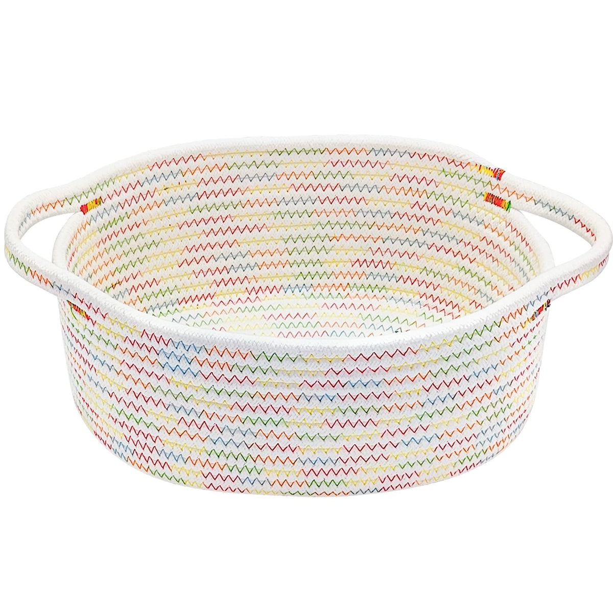 ABenkle small woven basket on shelf keeps toys organized.
