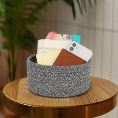 ABenkle small woven basket close-up weave shows soft cotton rope texture.