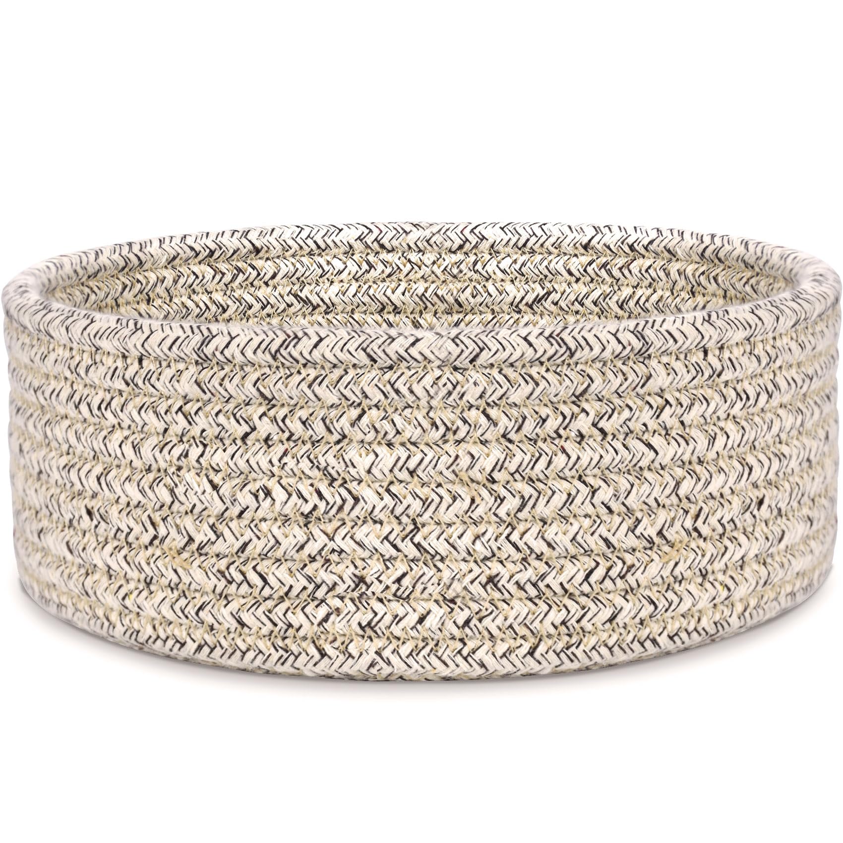 ABenkle small woven basket on a desk keeps keys, remotes, and small items organized.