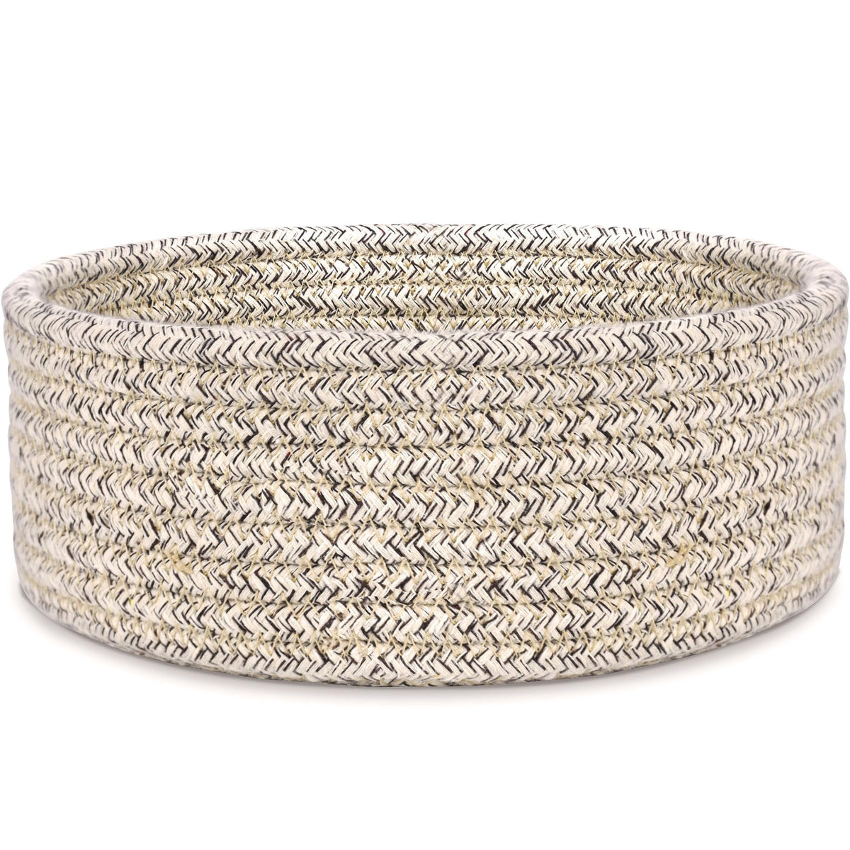ABenkle small woven basket on a desk keeps keys, remotes, and small items organized.
