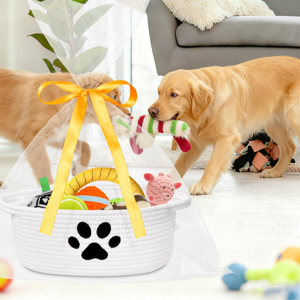 ABenkle dog-toy-storage basket keeps pet toys organized and accessible.