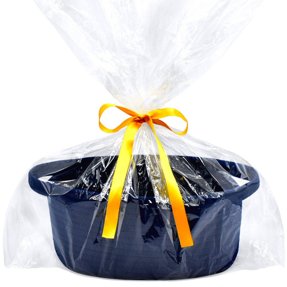 ABenkle small woven basket front view highlights sturdy handles for easy transport.