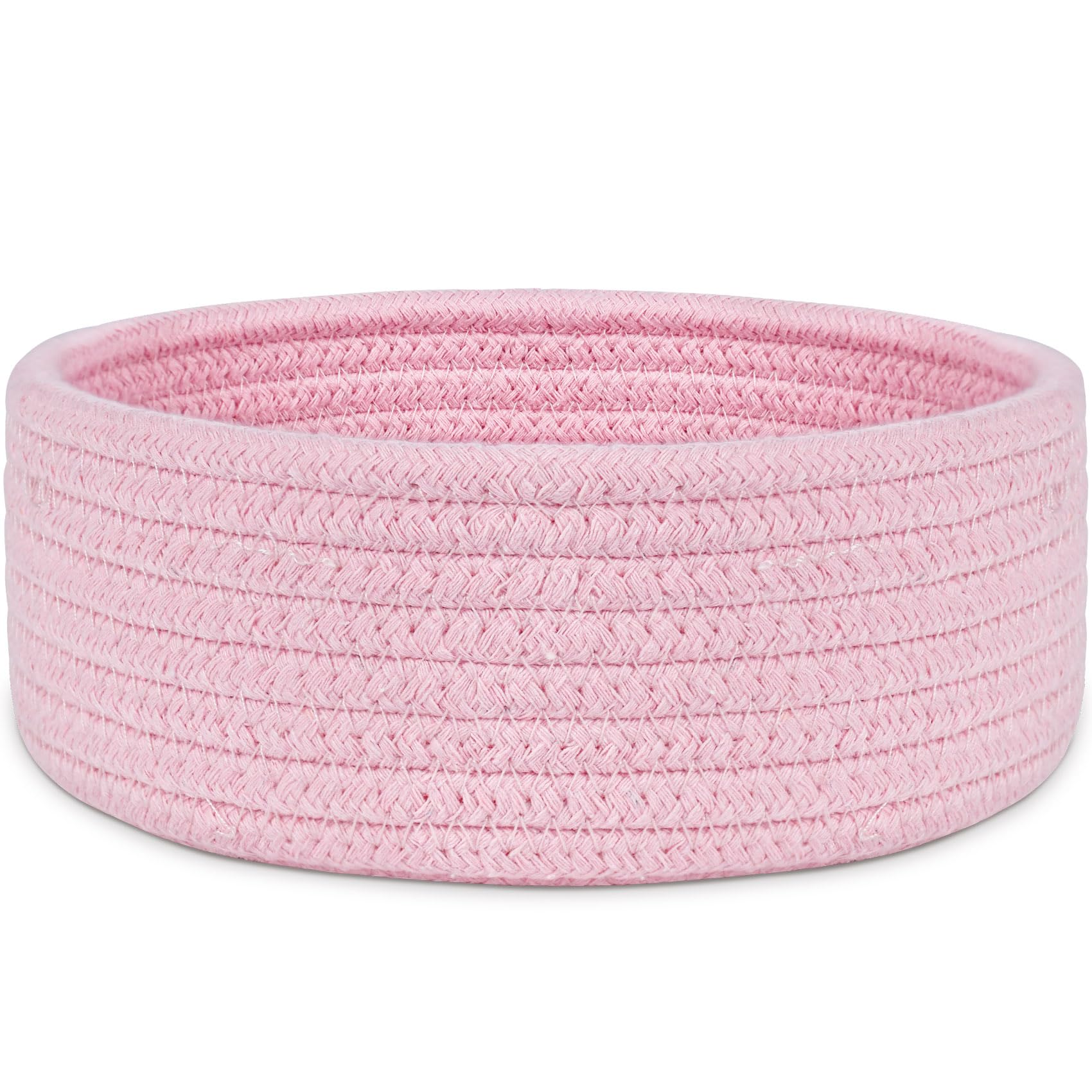 ABenkle small woven pink basket on a shelf for tidy desk storage