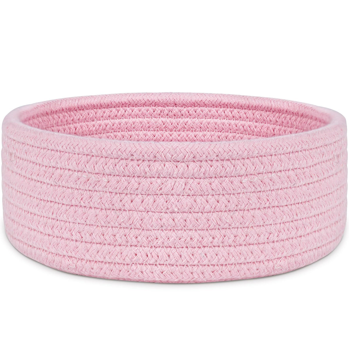ABenkle small woven pink basket on a shelf for tidy desk storage