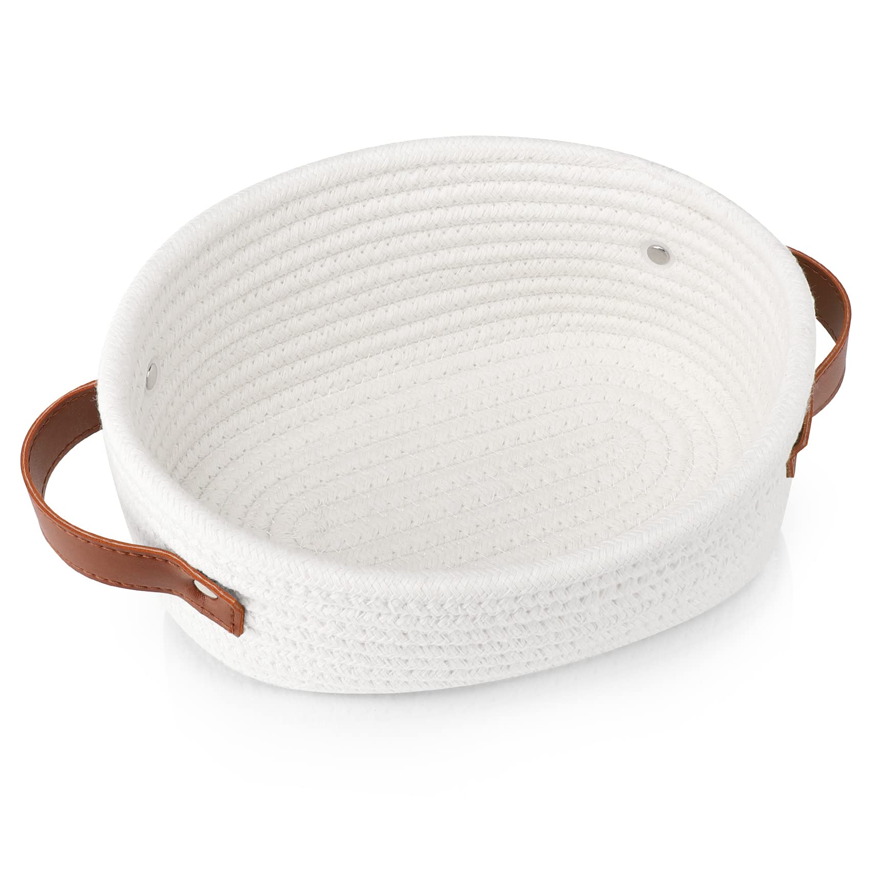 ABenkle small woven basket shows cotton rope texture for organizing small items.