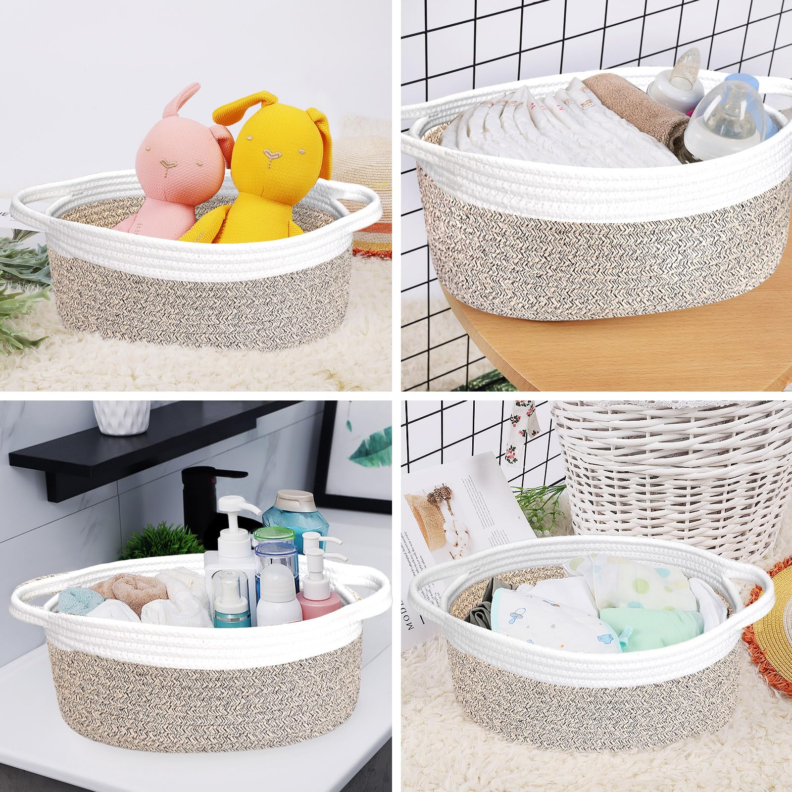 ABenkle small woven basket filled with toys and pet accessories