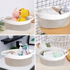 ABenkle small woven basket filled with toys and pet accessories
